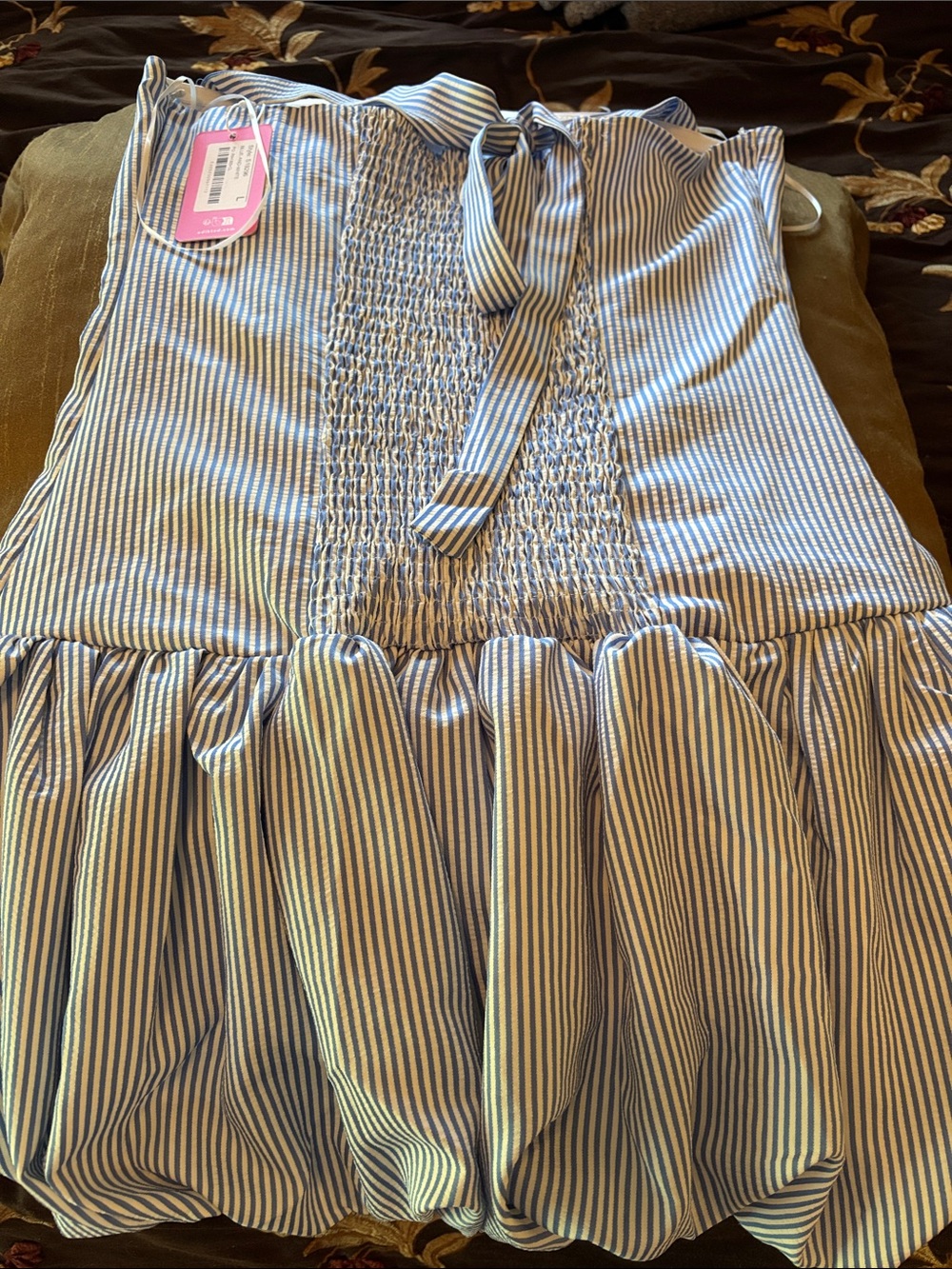 Edikted Blue and White Striped Tie-Neck Ruffle Mini Dress - Picture 9 of 9